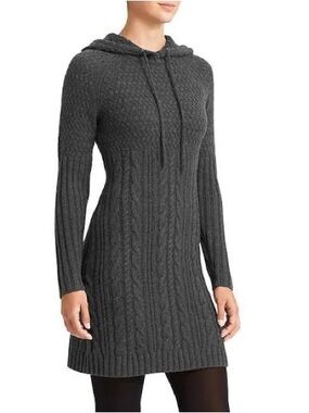 Athleta Coldspell Cable Knit Sweater Dress 100% Merino Wool Hooded Gray